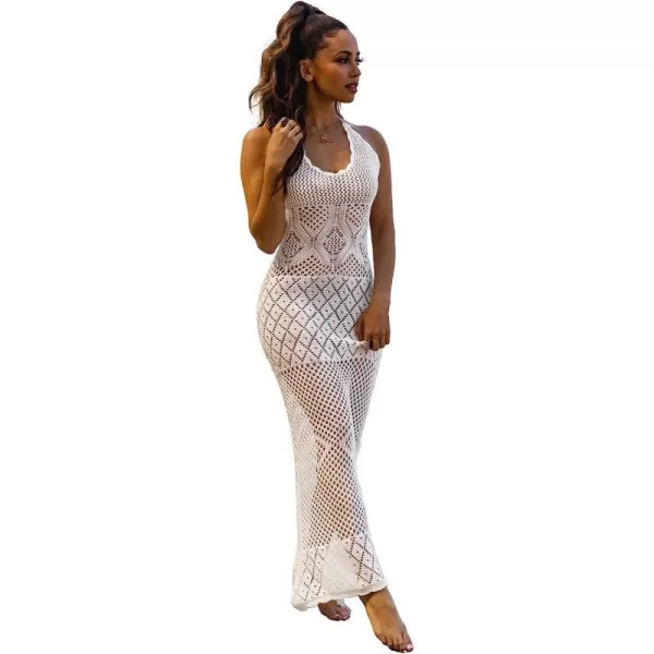 imageCUPSHE X Vanessa Pearl Crochet Backless Halter CoverUp Dress for Women Casual Beach SummerWhite