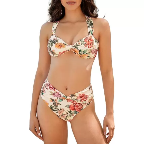 imageCUPSHE X Vanessa Womens Bikini Set Two Piece Swimsuits High Waisted V Neck Twist Crisscross Back Tie Cheeky BottomBeige Floral