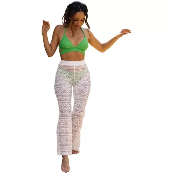 imageCUPSHE X Vanessa Womens Lace Flare High Waist PantsJersey Cover Up Long PantsWhite