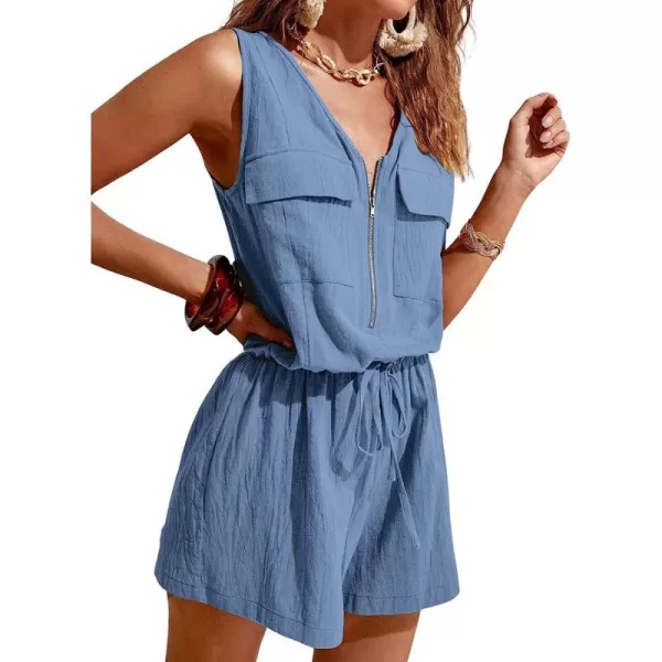 imageCUPSHE ZipUp Cotton Romper Wide Leg Rompers V Neck Sleeveless JumpsuitsBlue