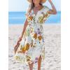imageCUPSHE Women Beach Cover Up V Neck Short Sleeve Striped Midi Swimsuit Coverup Dress XSXXLBeige Floral