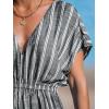 imageCUPSHE Women Beach Cover Up V Neck Short Sleeve Striped Midi Swimsuit Coverup Dress XSXXLBlack Stripes