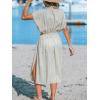 imageCUPSHE Women Beach Cover Up V Neck Short Sleeve Striped Midi Swimsuit Coverup Dress XSXXLGrayish Apricot