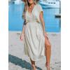 imageCUPSHE Women Beach Cover Up V Neck Short Sleeve Striped Midi Swimsuit Coverup Dress XSXXLGrayish Apricot
