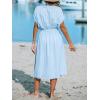 imageCUPSHE Women Beach Cover Up V Neck Short Sleeve Striped Midi Swimsuit Coverup Dress XSXXLLight Blue