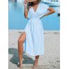 imageCUPSHE Women Beach Cover Up V Neck Short Sleeve Striped Midi Swimsuit Coverup Dress XSXXLLight Blue