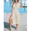 imageCUPSHE Women Beach Cover Up V Neck Short Sleeve Striped Midi Swimsuit Coverup Dress XSXXLLight Khaki
