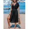 imageCUPSHE Women Beach Cover Up V Neck Short Sleeve Striped Midi Swimsuit Coverup Dress XSXXLSolid Black