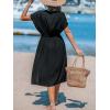 imageCUPSHE Women Beach Cover Up V Neck Short Sleeve Striped Midi Swimsuit Coverup Dress XSXXLSolid Black