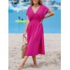 imageCUPSHE Women Beach Cover Up V Neck Short Sleeve Striped Midi Swimsuit Coverup Dress XSXXLSolid Hot Pink