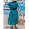 imageCUPSHE Women Beach Cover Up V Neck Short Sleeve Striped Midi Swimsuit Coverup Dress XSXXLSolid Teal