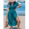 imageCUPSHE Women Beach Cover Up V Neck Short Sleeve Striped Midi Swimsuit Coverup Dress XSXXLSolid Teal