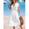 imageCUPSHE Women Beach Cover Up V Neck Short Sleeve Striped Midi Swimsuit Coverup Dress XSXXLSolid White