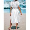 imageCUPSHE Women Beach Cover Up V Neck Short Sleeve Striped Midi Swimsuit Coverup Dress XSXXLWhite Stripes
