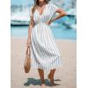 imageCUPSHE Women Beach Cover Up V Neck Short Sleeve Striped Midi Swimsuit Coverup Dress XSXXLWhite Stripes