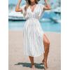 imageCUPSHE Women Beach Cover Up V Neck Short Sleeve Striped Midi Swimsuit Coverup Dress XSXXLWhite Stripes