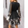 imageCUPSHE Womens Mini Dresses Casual Spring V Neck Chiffon Long Peasant Sleeves Flowy Summer DressBlack Floral