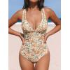 imageCUPSHE Womens One Piece Swimsuit Tummy Control Deep V Neck Double Straps Crisscross Back Tie Bathing SuitBeigeFloral