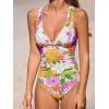 imageCUPSHE Womens One Piece Swimsuit Tummy Control Deep V Neck Double Straps Crisscross Back Tie Bathing SuitWhitePink Floral
