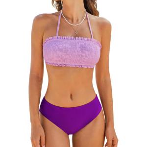 imageCUPSHE Bikini Set for Women Two Piece Swimsuit Bandeau Top Back Tie Mid Waisted Bottom with Removable Shoulder StrapsLavenderDark Purple