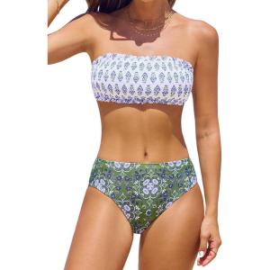 imageCUPSHE Bikini Set for Women Two Piece Swimsuit Bandeau Top Back Tie Mid Waisted Bottom with Removable Shoulder StrapsWhiteDark Olive Green