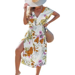 imageCUPSHE Women Beach Cover Up V Neck Short Sleeve Striped Midi Swimsuit Coverup Dress XSXXLBeige Floral