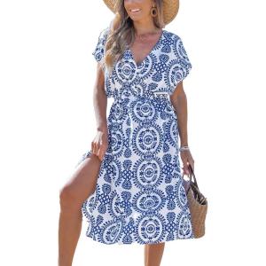 imageCUPSHE Women Beach Cover Up V Neck Short Sleeve Striped Midi Swimsuit Coverup Dress XSXXLBlue Floral