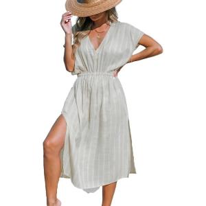 imageCUPSHE Women Beach Cover Up V Neck Short Sleeve Striped Midi Swimsuit Coverup Dress XSXXLGrayish Apricot