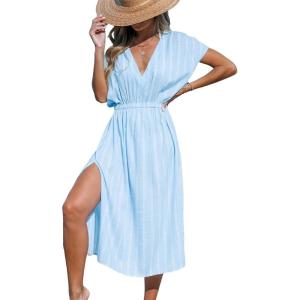 imageCUPSHE Women Beach Cover Up V Neck Short Sleeve Striped Midi Swimsuit Coverup Dress XSXXLLight Blue