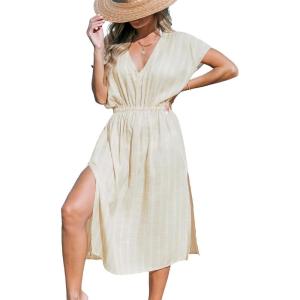 imageCUPSHE Women Beach Cover Up V Neck Short Sleeve Striped Midi Swimsuit Coverup Dress XSXXLLight Khaki