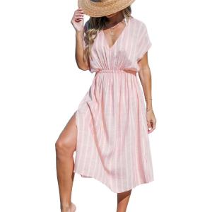 imageCUPSHE Women Beach Cover Up V Neck Short Sleeve Striped Midi Swimsuit Coverup Dress XSXXLLight Pink