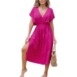 imageCUPSHE Women Beach Cover Up V Neck Short Sleeve Striped Midi Swimsuit Coverup Dress XSXXLSolid Hot Pink