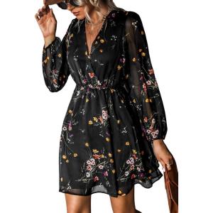 imageCUPSHE Womens Mini Dresses Casual Spring V Neck Chiffon Long Peasant Sleeves Flowy Summer DressBlack Ditsy
