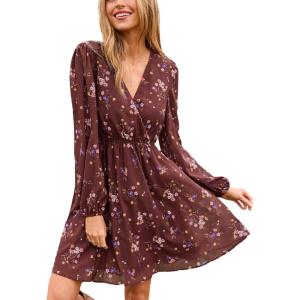 imageCUPSHE Womens Mini Dresses Casual Spring V Neck Chiffon Long Peasant Sleeves Flowy Summer DressBurgundy Ditsy