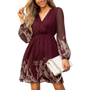 imageCUPSHE Womens Mini Dresses Casual Spring V Neck Chiffon Long Peasant Sleeves Flowy Summer DressBurgundy Floral