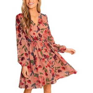 imageCUPSHE Womens Mini Dresses Casual Spring V Neck Chiffon Long Peasant Sleeves Flowy Summer DressDusty Rose