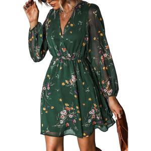 imageCUPSHE Womens Mini Dresses Casual Spring V Neck Chiffon Long Peasant Sleeves Flowy Summer DressGreen