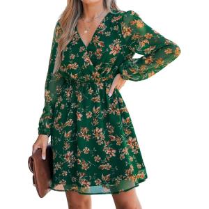 imageCUPSHE Womens Mini Dresses Casual Spring V Neck Chiffon Long Peasant Sleeves Flowy Summer DressGreen Floral