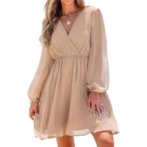 imageCUPSHE Womens Mini Dresses Casual Spring V Neck Chiffon Long Peasant Sleeves Flowy Summer DressLight Apricot