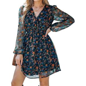 imageCUPSHE Womens Mini Dresses Casual Spring V Neck Chiffon Long Peasant Sleeves Flowy Summer DressNavy Floral