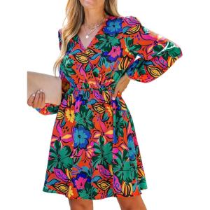 imageCUPSHE Womens Mini Dresses Casual Spring V Neck Chiffon Long Peasant Sleeves Flowy Summer DressRedblue Floral