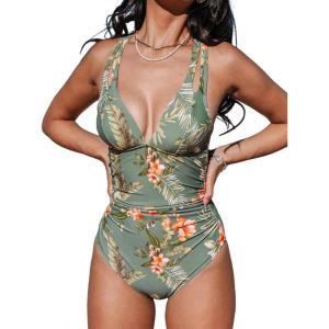 imageCUPSHE Womens One Piece Swimsuit Tummy Control Deep V Neck Double Straps Crisscross Back Tie Bathing SuitMoss GreenTropical