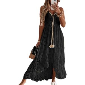 imageCUPSHE Womens Summer Dresses Sleeveless Lace Casual Tassel Beach Spaghetti Straps Flowy Maxi Sun DressBlack