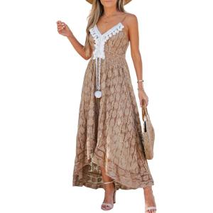 imageCUPSHE Womens Summer Dresses Sleeveless Lace Casual Tassel Beach Spaghetti Straps Flowy Maxi Sun DressBrown