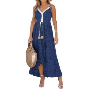 imageCUPSHE Womens Summer Dresses Sleeveless Lace Casual Tassel Beach Spaghetti Straps Flowy Maxi Sun DressRoyal Blue