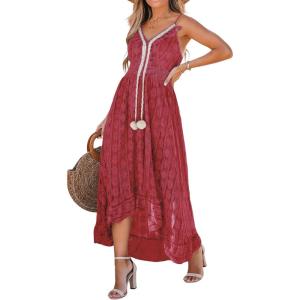 imageCUPSHE Womens Summer Dresses Sleeveless Lace Casual Tassel Beach Spaghetti Straps Flowy Maxi Sun DressWine
