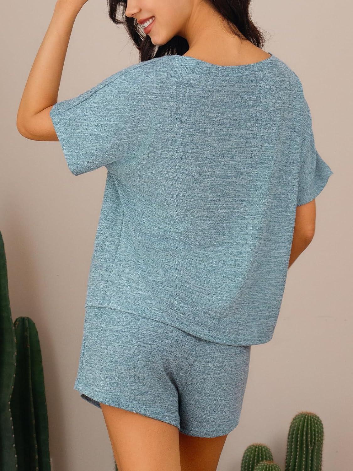 imageCUPSHE Short Sleeve Pajama Sets for Women Casual Crew Neck 2 Piece Lounge SetsBaby Blue