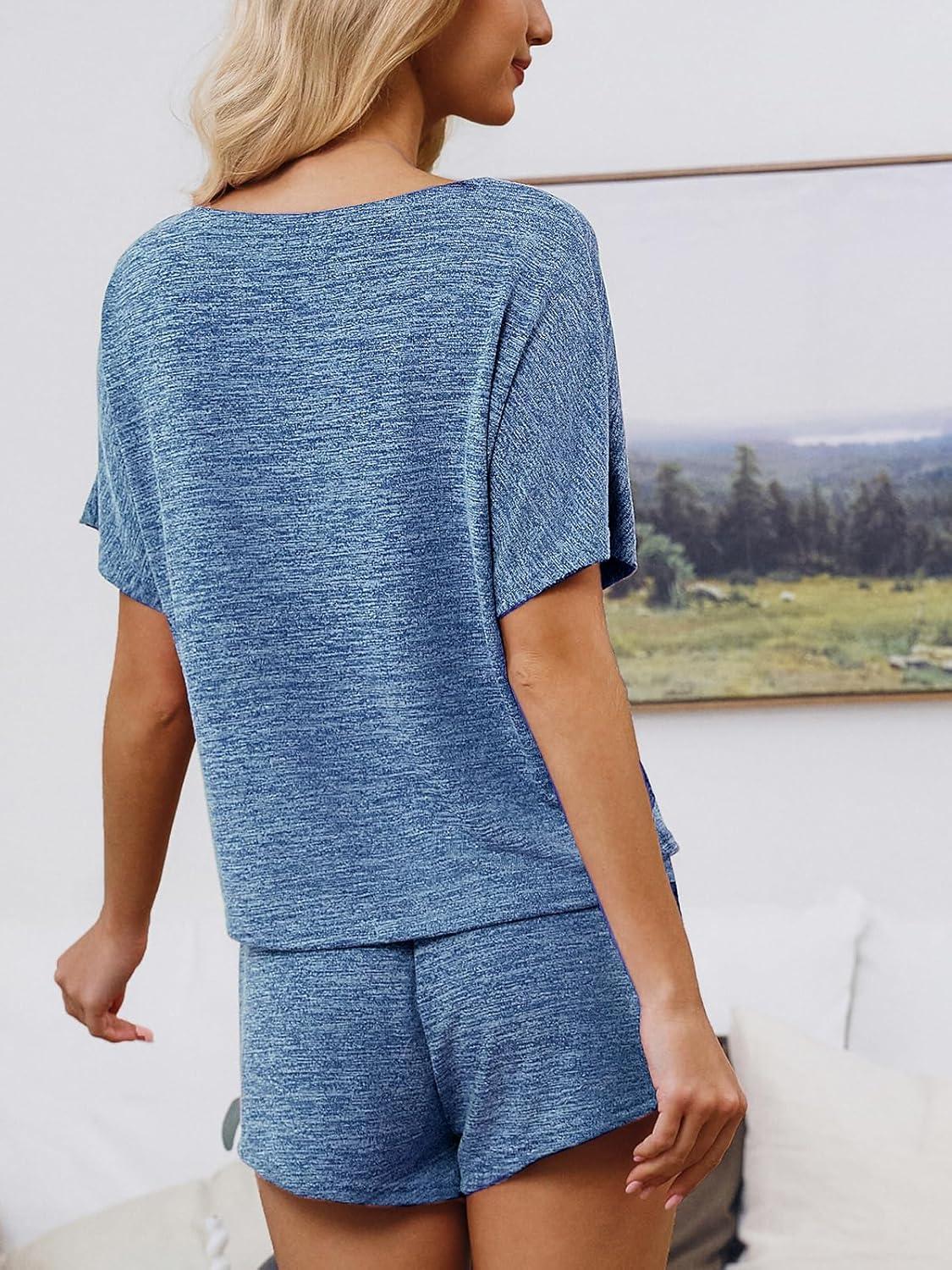 imageCUPSHE Short Sleeve Pajama Sets for Women Casual Crew Neck 2 Piece Lounge SetsPetal Blue