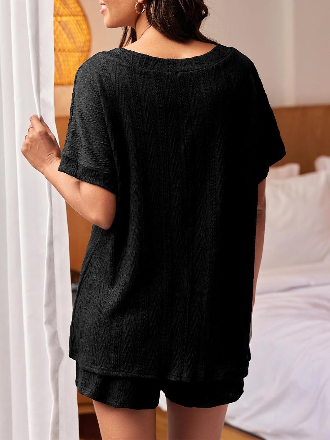 imageCUPSHE Short Sleeve Pajama Sets for Women Casual Crew Neck 2 Piece Lounge SetsXblack