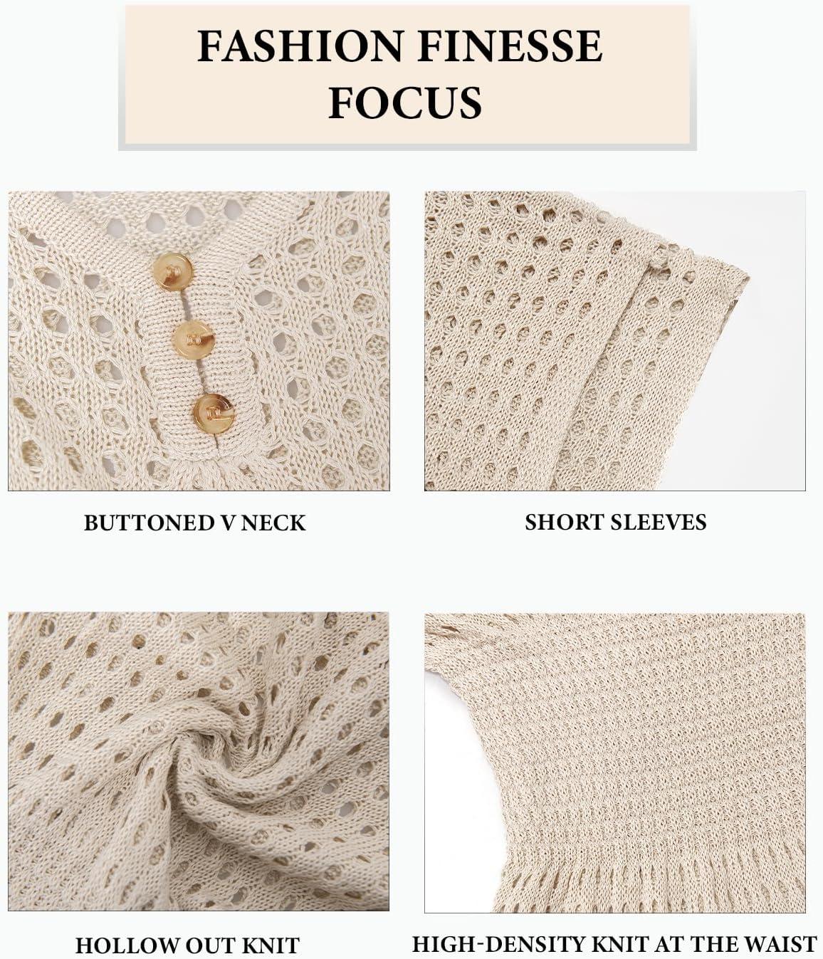 imageCUPSHE Women Crochet Swim Cover Up Short Sleeve V Neck Bathing Suit Beach Dress Summer Swimwear CoverupsApricot